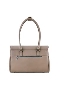Borsa a mano in pelle beige con un design strutturato, doppi manici superiori, una tasca frontale con zip e superficie testurizzata.
