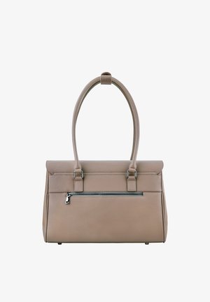 Bolso de mano de piel beige con un diseño estructurado, dos asas en la parte superior, un bolsillo frontal con cremallera, y una superficie texturizada.