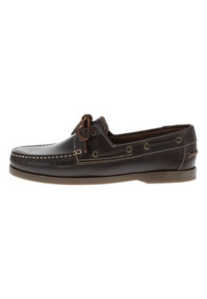 Braune Lederbootsschuhe mit runder Zehenform, weißer Kontrastnaht, Schnürdesign und metallischen Ösen an den Seiten.