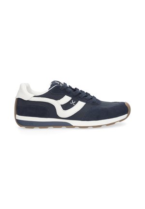 Marineblaue und weiße Sportschuh mit Schnürverschluss, weißer Sohle, brauner Außensohle und Markenlogo auf der Seite und Zunge.