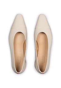 Beige leather flats with a pointed toe, a smooth finish, and cut-out sides. Interior features a tan insole with embossed branding.