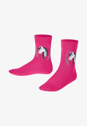 Rosa Baumwollsocken mit einem Einhorn-Design, das eine schwarze Mähne und florale Akzente in Grau zeigt. Knöchelhöhe mit einem gerippten Saum.