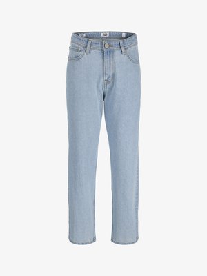 Šviesiai mėlyni tiesaus modelio džinsai su sagomis ir užtrauktuku, diržo kilpomis bei kišenėmis priekyje ir gale, prekės ženklo etiketė vidinėje juosmens dalyje.