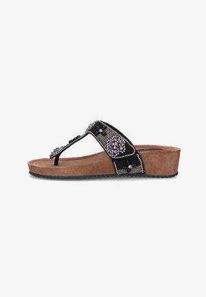 Sandalo con zeppa nero con suola marrone, decorato con perline multicolori e strass a motivi floreali sui lacci.