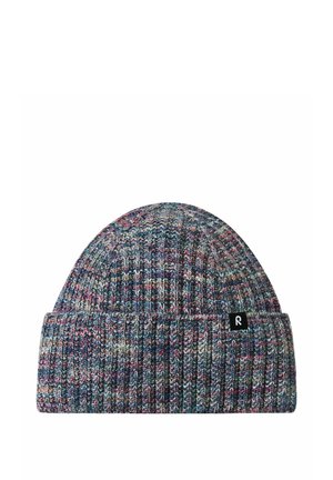 Strickmütze aus mehrfarbigem Garn in Blautönen, Rosa und Grau. Mit einem umgeschlagenen Bund und einem kleinen Logotag an der Seite.
