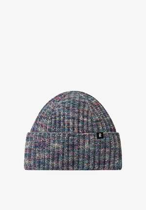 Knit beanie with multicolored yarn in shades of blue, pink, and gray. Features a folded cuff and a small logo tag on the side.