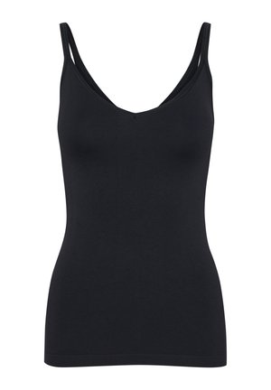 Camisă neagră cu decolteu adânc în V, bretele subțiri, design ajustat și textură netedă. Materialul pare elastic și ușor.