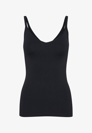 Zwarte cami-top met een diepe V-hals, dunne bandjes, aansluitend ontwerp en een soepele textuur. De stof lijkt rekbaar en lichtgewicht.