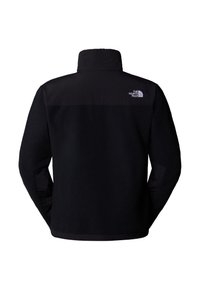 Czarna polarowa kurtka z wysokim kołnierzem, teksturowanym materiałem i gładkim panelem na ramionach. Na górnej części pleców znajduje się małe logo.