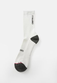 Fehér crew zokni fekete orral és sarokkal, bordázott felső résszel, valamint nyomtatott "Castelli" és "L-XL" felirattal. Puha, kötött anyagból készült.