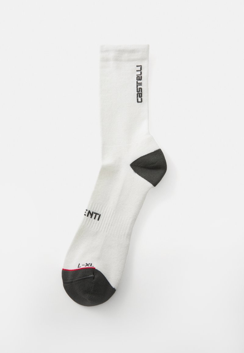 Fehér crew zokni fekete orral és sarokkal, bordázott felső résszel, valamint nyomtatott "Castelli" és "L-XL" felirattal. Puha, kötött anyagból készült.
