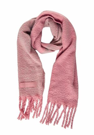Écharpe en laine rose à texture douce avec un dégradé bicolore et des franges torsadées aux deux extrémités.