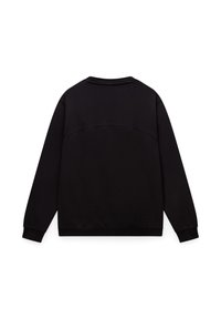 Enkel sort langærmet sweatshirt vist fra bagsiden med rund halsudskæring og ribkant ved ærmer og forneden.