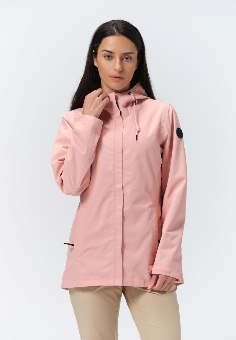 Helle rosa wasserfeste Jacke mit Kapuze, verstellbarem Kordelzug, Reißverschluss vorne, zwei Seitentaschen und schwarzen Akzentknöpfen.