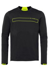 Langärmliges schwarzes Crewneck-Shirt mit einer reflektierenden neon-gelben Akzentlinie über der Brust und kontrastierenden Innenbündchen. Hat eine glatte Textur.