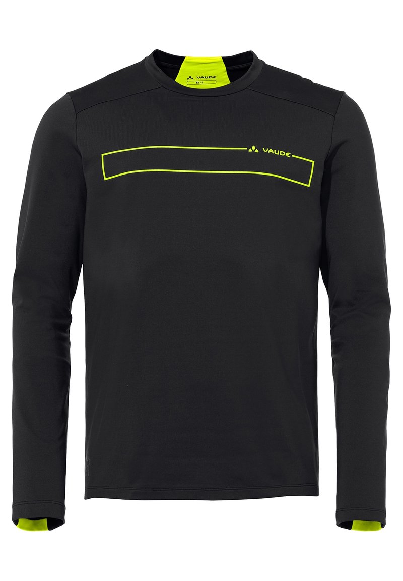 Langärmliges schwarzes Crewneck-Shirt mit einer reflektierenden neon-gelben Akzentlinie über der Brust und kontrastierenden Innenbündchen. Hat eine glatte Textur.