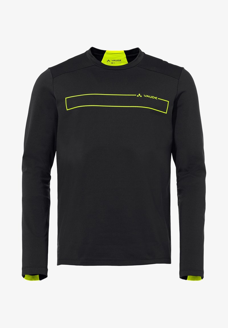 Langärmliges schwarzes Crewneck-Shirt mit einer reflektierenden neon-gelben Akzentlinie über der Brust und kontrastierenden Innenbündchen. Hat eine glatte Textur.