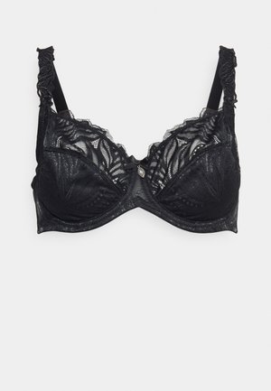 Schwarzer Spitzen-BH mit Unterdraht, detailliertem floralen Muster, verstellbaren Trägern und einem kleinen Schleifenakzent in der Mitte vorne. Transparente Textur.