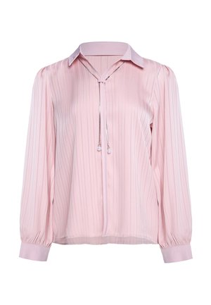 Hellrosa langärmlige Bluse mit dünnen vertikalen Streifen, einem Kragen und einer Krawatte mit perlenähnlichen Perlen an den Enden.