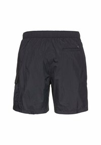 Zwarte zwemshorts met een elastische tailleband, textuurstof, een zij cargozak en een achterzak met rits.
