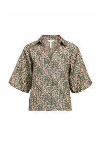 Chemise à boutons florale avec des manches courtes, un col, une base verte et des motifs floraux roses et blancs.