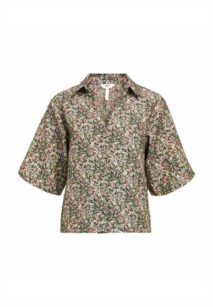 Blumenhemd mit kurzen Ärmeln, Kragen, grüner Basis und pinken sowie weißen Blumenmustern über das gesamte Shirt.