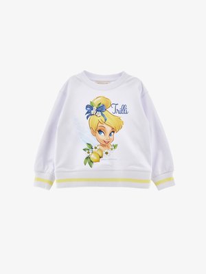 Bílá dětská mikina s kreslenou vílou s modrou mašlí, květinovými a citronovými motivy a nápisem "Trilli" na přední straně.