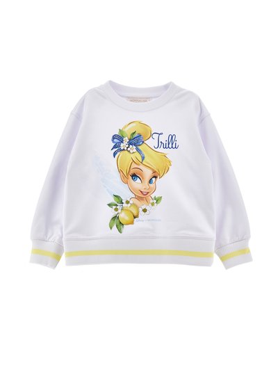 Λευκό παιδικό φούτερ με μια καρτούν νεράιδα που φοράει μπλε φιόγκο, διακοσμημένο με λουλουδένια και λεμονάτα στοιχεία, και τη λέξη "Trilli" στο μπροστινό μέρος.