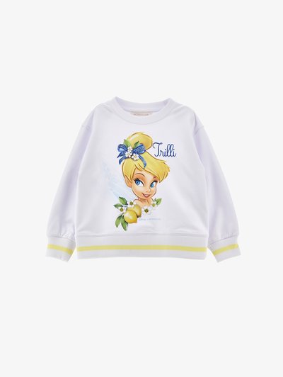 Λευκό παιδικό φούτερ με μια καρτούν νεράιδα που φοράει μπλε φιόγκο, διακοσμημένο με λουλουδένια και λεμονάτα στοιχεία, και τη λέξη "Trilli" στο μπροστινό μέρος.