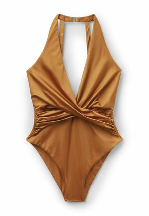 Ärmelloser, einteiliger Badeanzug in goldbraun mit tiefem V-Ausschnitt, gedrehtem Vorderdetail, Neckholder-Träger und gerafften Seiten.