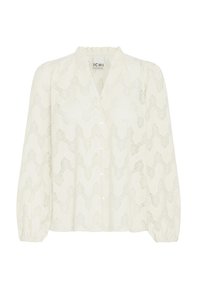 White long-sleeve blouse with lace zigzag pattern, button front, elastic cuffs, and ruffled collar by brand ICHI.