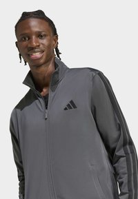 Chaqueta deportiva gris con cremallera frontal, cuello alto, rayas negras a lo largo de las mangas y un logo de Adidas en el pecho izquierdo. Textura de tela lisa.