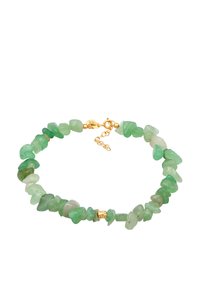 Grüner Steinperlenarmband mit unterschiedlichen Grüntönen, durchbrochen von einem goldenen Verschluss und einer Akzentperle.