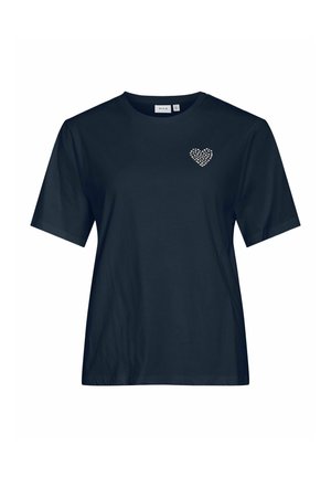 Temno modra bombažna majica z okroglim izrezom in kratkimi rokavi, na levi strani prsnega koša z okrasnim srčkom iz kristalov.