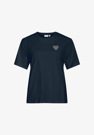 Granatowy t-shirt wykonany z bawełny, z okrągłym dekoltem i krótkimi rękawami, z wzorem serca z cyrkonii na lewej stronie klatki piersiowej.