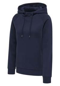 Granatowy hoodie z kapturem na sznurki, raglanowymi rękawami i ściągaczami. Wykonany z miękkiego, teksturowanego materiału dla komfortu.