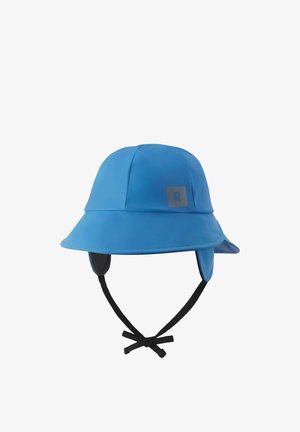 Niebieski wodoodporny kapelusz z szerokim rondem, paskiem pod brodą i nausznikami. Charakteryzuje się teksturowanym wykończeniem oraz małym logo po bokach.