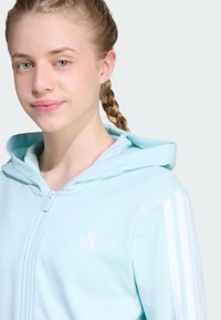 Canguro azul claro con cremallera hecho de un tejido suave. Cuenta con capucha, acentos en blanco de tres rayas en las mangas y un logo bordado en el pecho.