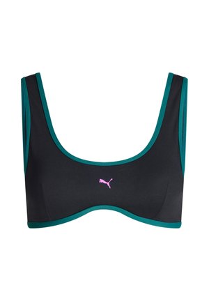 Schwarzer Sport-BH mit türkisfarbigem Rand und pinkem Puma-Logo in der Mitte vorne, mit breiten Schulterträgern und rundem Ausschnitt.