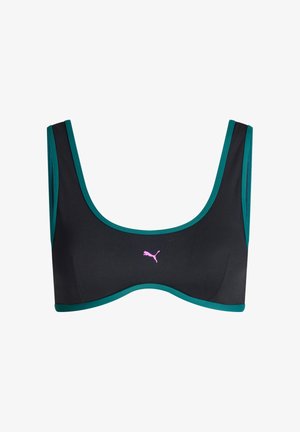 Schwarzer Sport-BH mit türkisfarbigem Rand und pinkem Puma-Logo in der Mitte vorne, mit breiten Schulterträgern und rundem Ausschnitt.