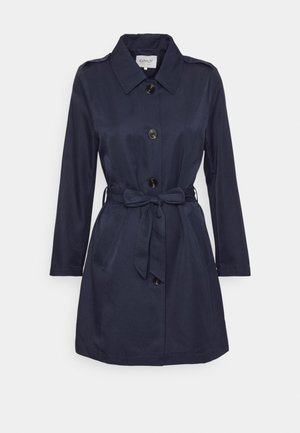 Marineblå knælængde trenchcoat med lange ærmer, knappet foran, bælte i taljen, krave og sidelommer.