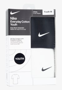 Detské tričká Nike Everyday Cotton s okrúhlym výstrihom v čiernej a bielej farbe, balené spolu, s logom Nike a označením veľkosti pre mládež.