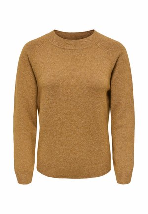 Pull marron en maille à manches longues avec col rond et bords-côtes aux poignets, à l'ourlet et à l'encolure, présenté sur fond blanc.