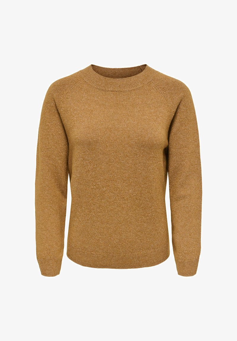 Pull marron en maille à manches longues avec col rond et bords-côtes aux poignets, à l'ourlet et à l'encolure, présenté sur fond blanc.