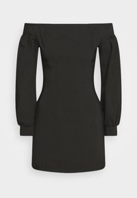 Off-the-shoulder black dress with puff sleeves, tailored fit, and a smooth fabric texture, featuring a structured silhouette and no visible embellishments.