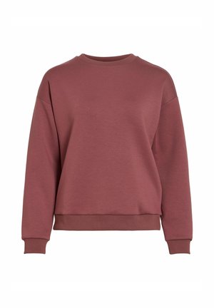 Pikakarvaline ja ümmarguse kaelusega sviiter vaigustatud roosa toonis, millel on soonilised varrukaotsad ja serv, kujutatud valgel taustal.