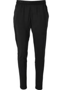 Zwarte sportbroek van lichtgewicht stof, met een gemêleerd patroon, een elastische tailleband met merklogo en een taps toelopend ontwerp.
