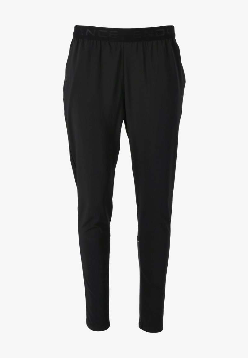 Svarta sportbyxor i lätt material med ett strukturerat mönster, elastisk midja med logotyp och tapered design på benen.