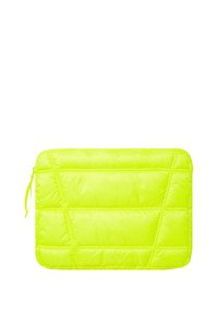 Neon-gelbe gepolsterte Laptoptasche mit einem gesteppten Design, ausgestattet mit einem Reißverschluss und einem seitlichen Griff zum einfachen Tragen.
