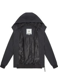 Mustal hooded jakk, millel on ees lukuga sulgemine, soonikuga mansetid ja elastne vöökoht. Interjööril on sile, mustriga vooder ning silt logo jaoks.